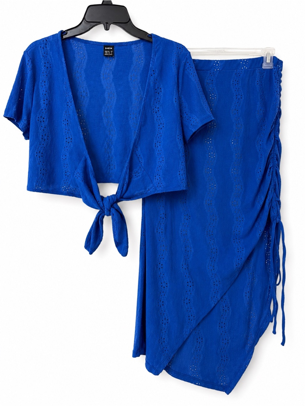 SHEIN Cobalt Blue Eyelet Knit Tie Front Cardigan & Ruched Wrap Midi Skirt Set XX
